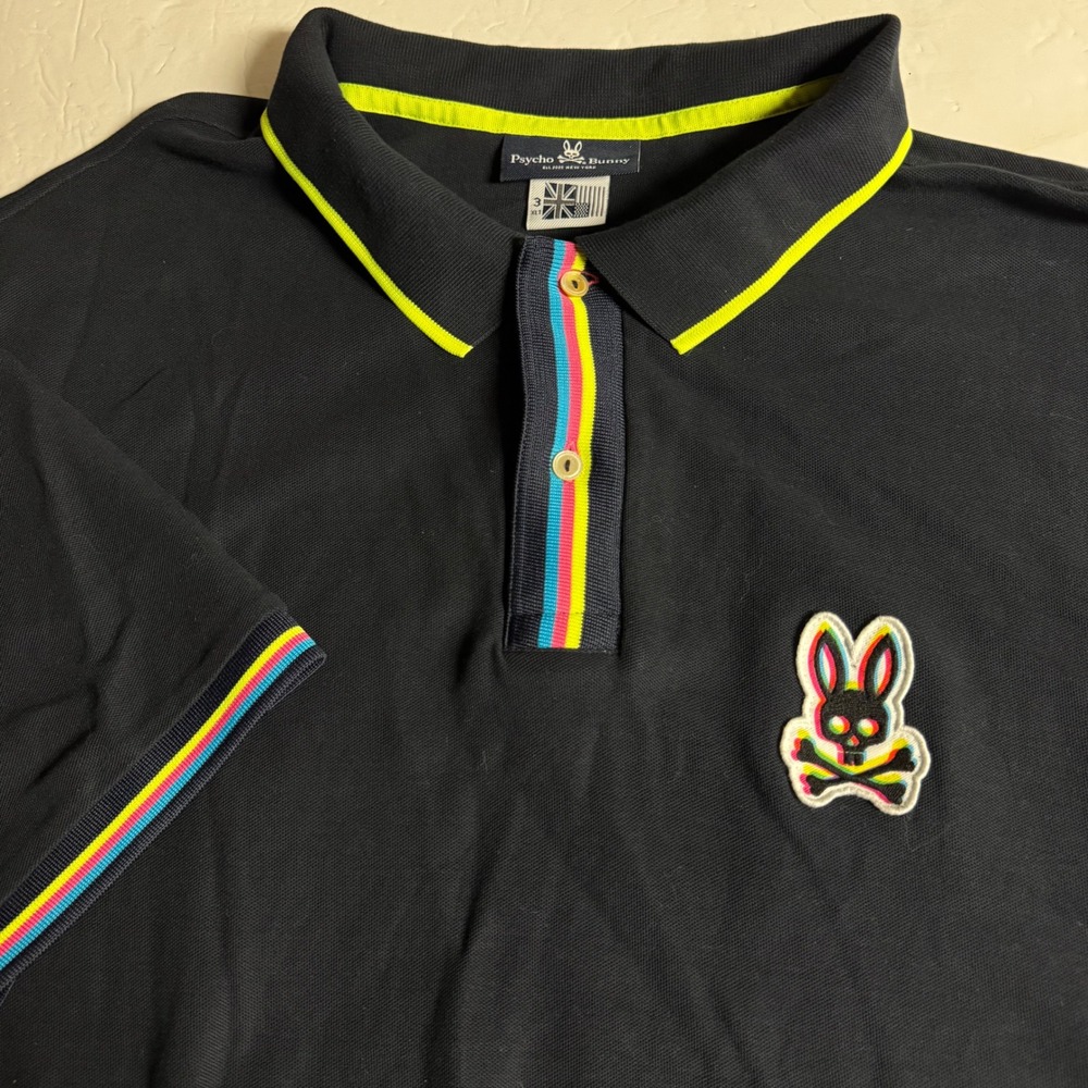 Psycho Bunny Mens XLT Black Neon Striped Pique Polo Shirt 3D Logo Patch‎ Tall